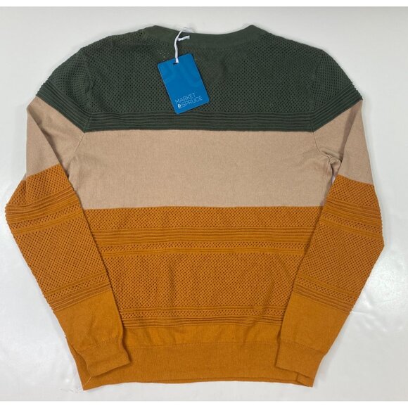 Market & Spruce Womens Olive Tan Mustard Color Block Textured Sweater Size L - Picture 2 of 5